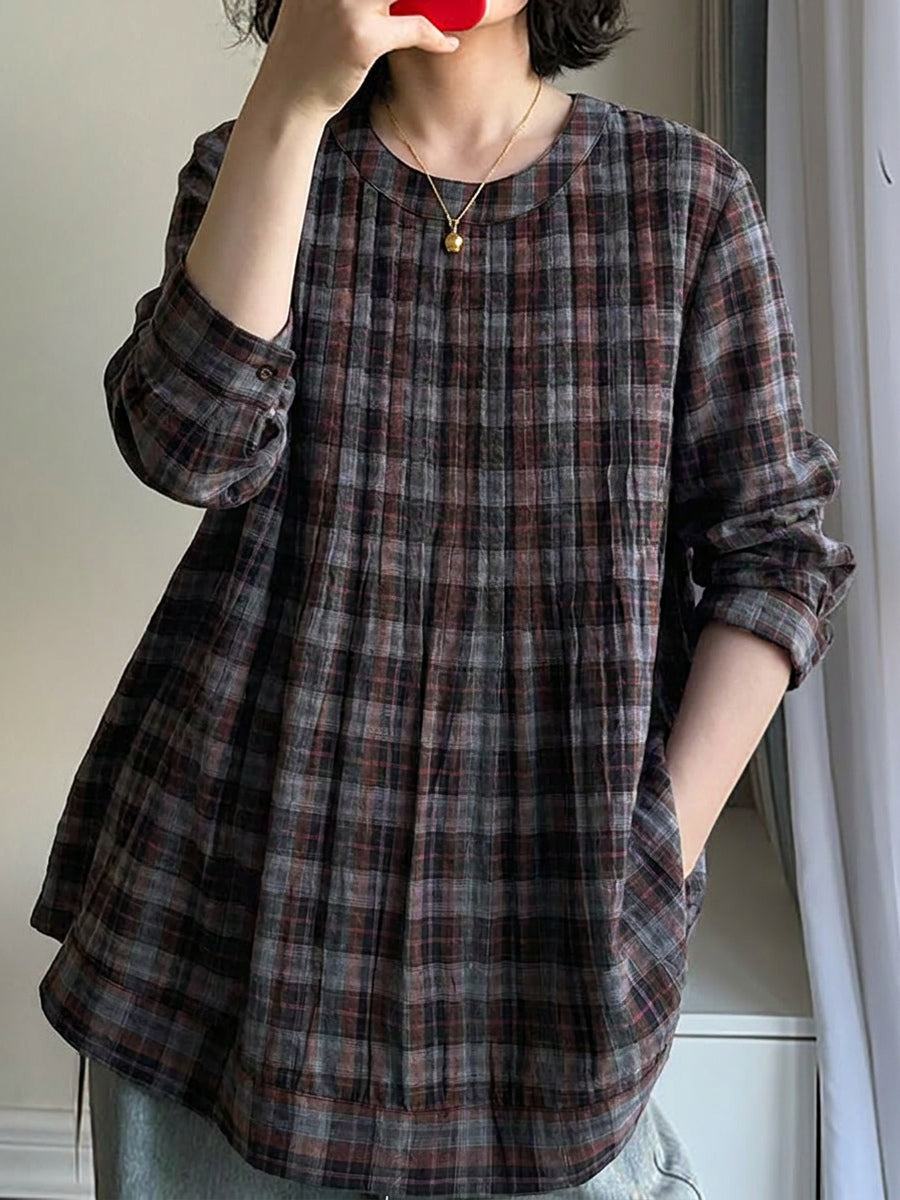 Women's Plus Size Checked Cotton Blouse – vintage long sleeve, view 1 | The Sidonie | Huna