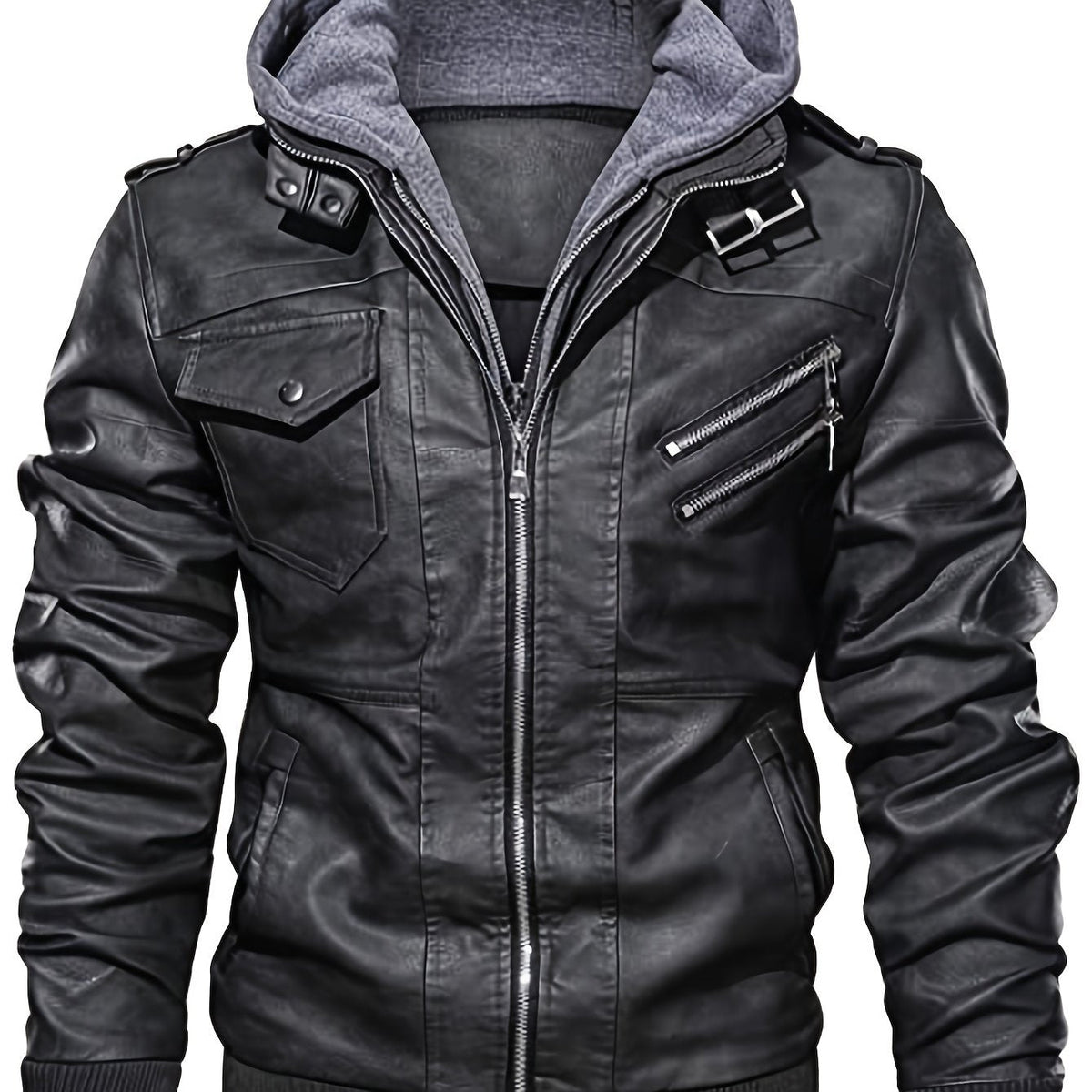 Men's hooded pu leather biker jacket – The Roderick by Huna – view 1