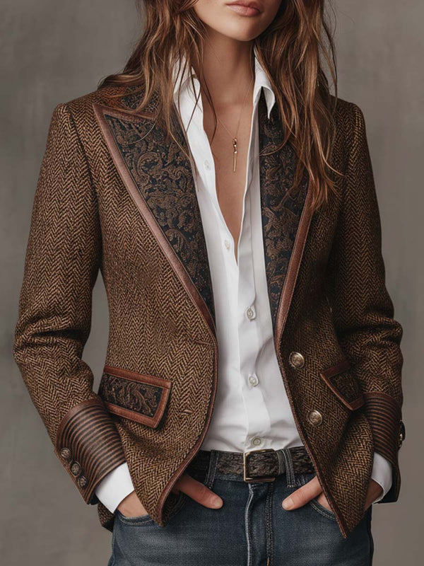 Women's Tweed Blazer UK – Herringbone Leather Trim | The Wren | Huna