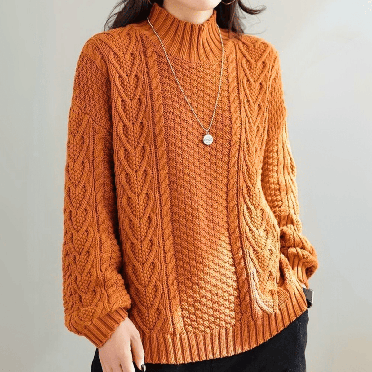 Women's Chunky Cable Knit Jumper – mock neck relaxed fit – product view 1
