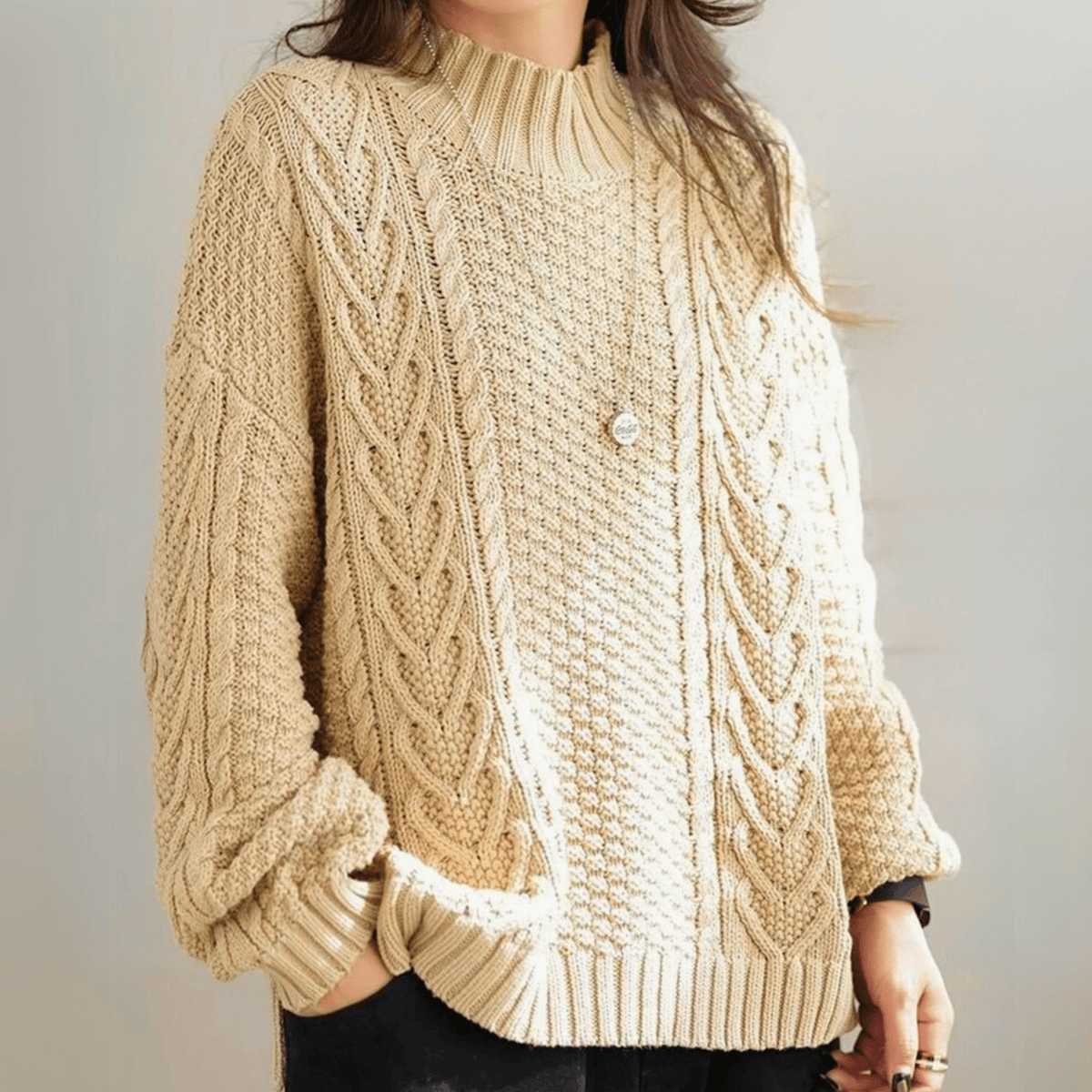 Women's Chunky Cable Knit Jumper – mock neck relaxed fit – product view 2