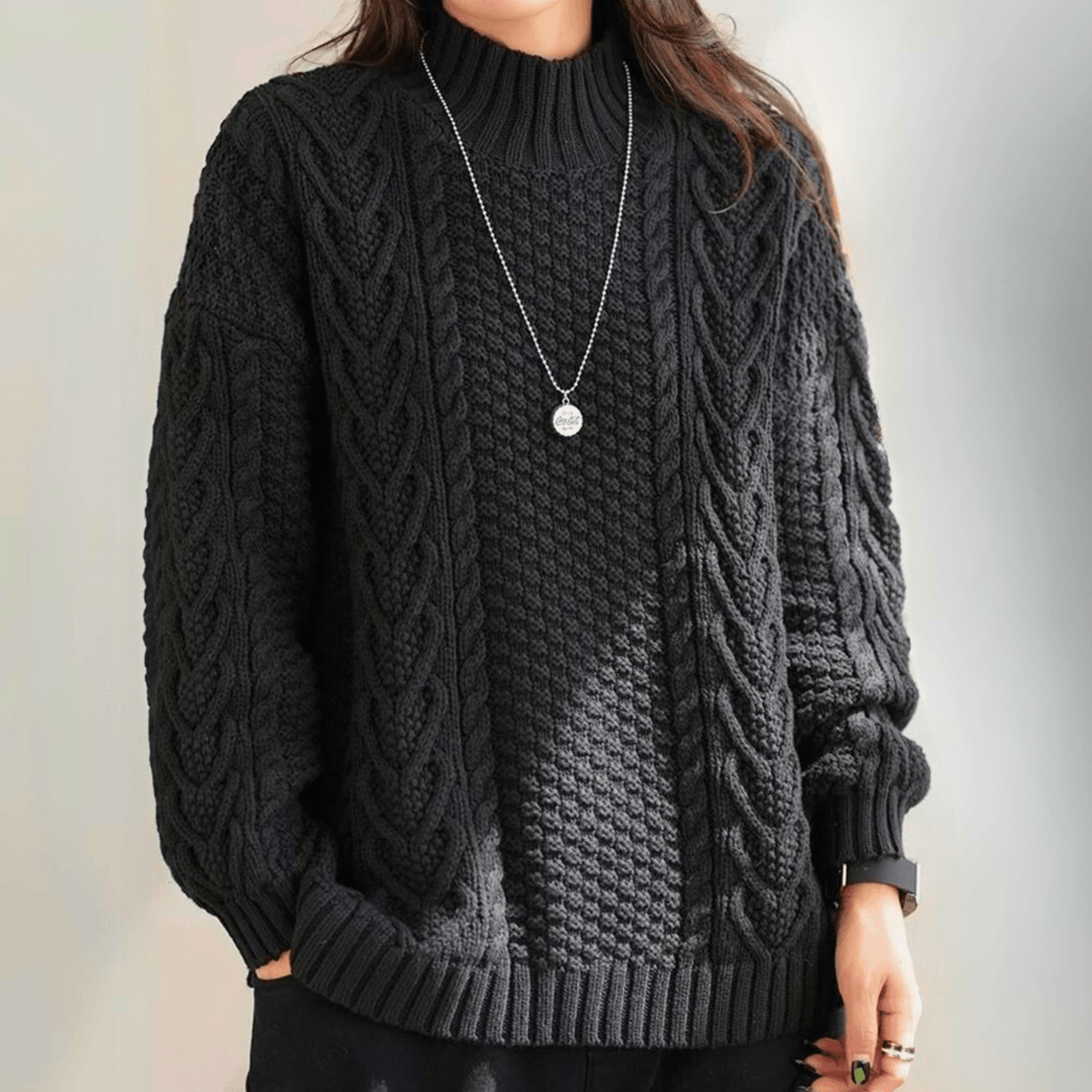 Women's Chunky Cable Knit Jumper – mock neck relaxed fit – product view 3