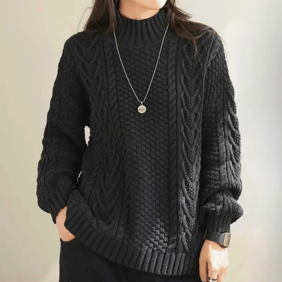 Women's Chunky Cable Knit Jumper – mock neck relaxed fit – product view 8