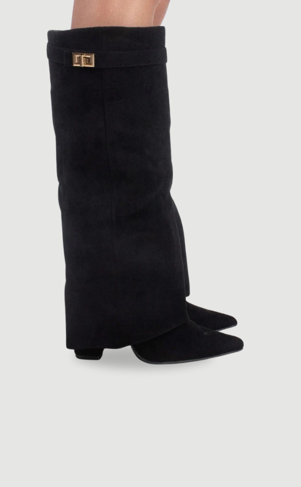 Women's Suede-Look Fold-Over Boots – pointed toe golden detail, view 1 | The Honora | Huna