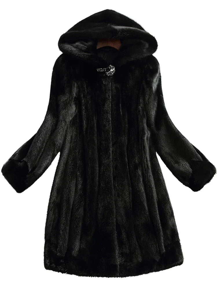 Women's Hooded Faux Fur Coat UK – longline hood, view 3