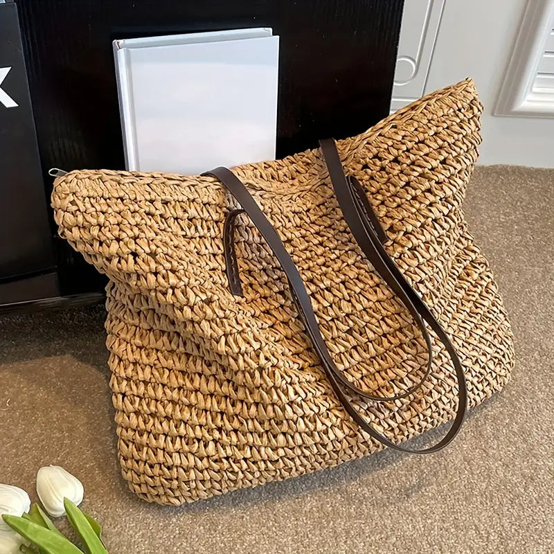 Women's Woven Straw Tote Bag UK – Large Leather Handles | The Calla | Huna