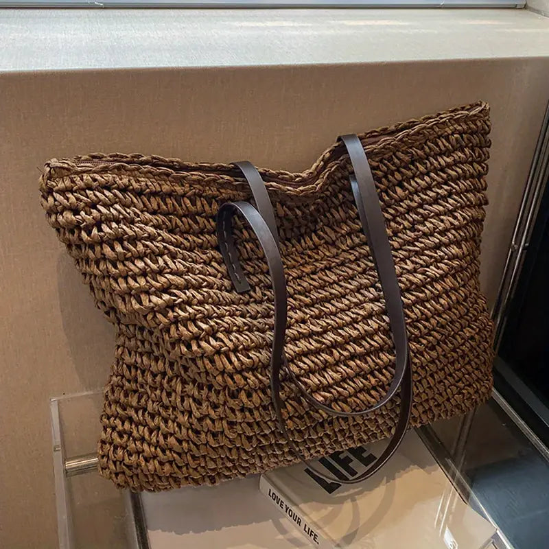 Women's Woven Straw Tote Bag UK – Large Leather Handles | The Calla | Huna