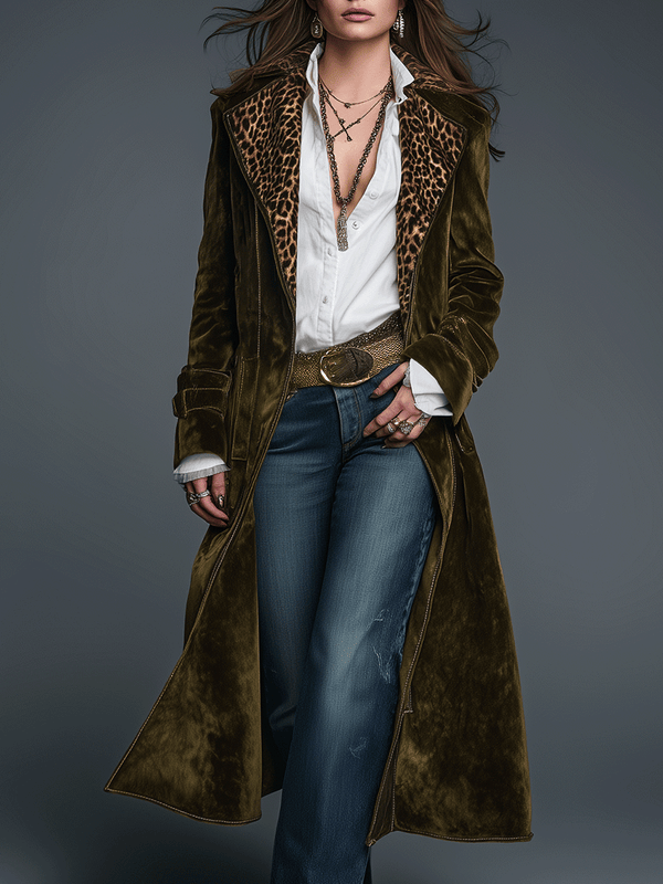 Women's Velvet Long Coat UK – Leopard Lapel | The Rhea | Huna