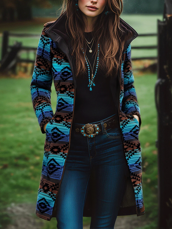 Women's Wool Coat UK – Longline Tribal Print | The Marlowe | Huna