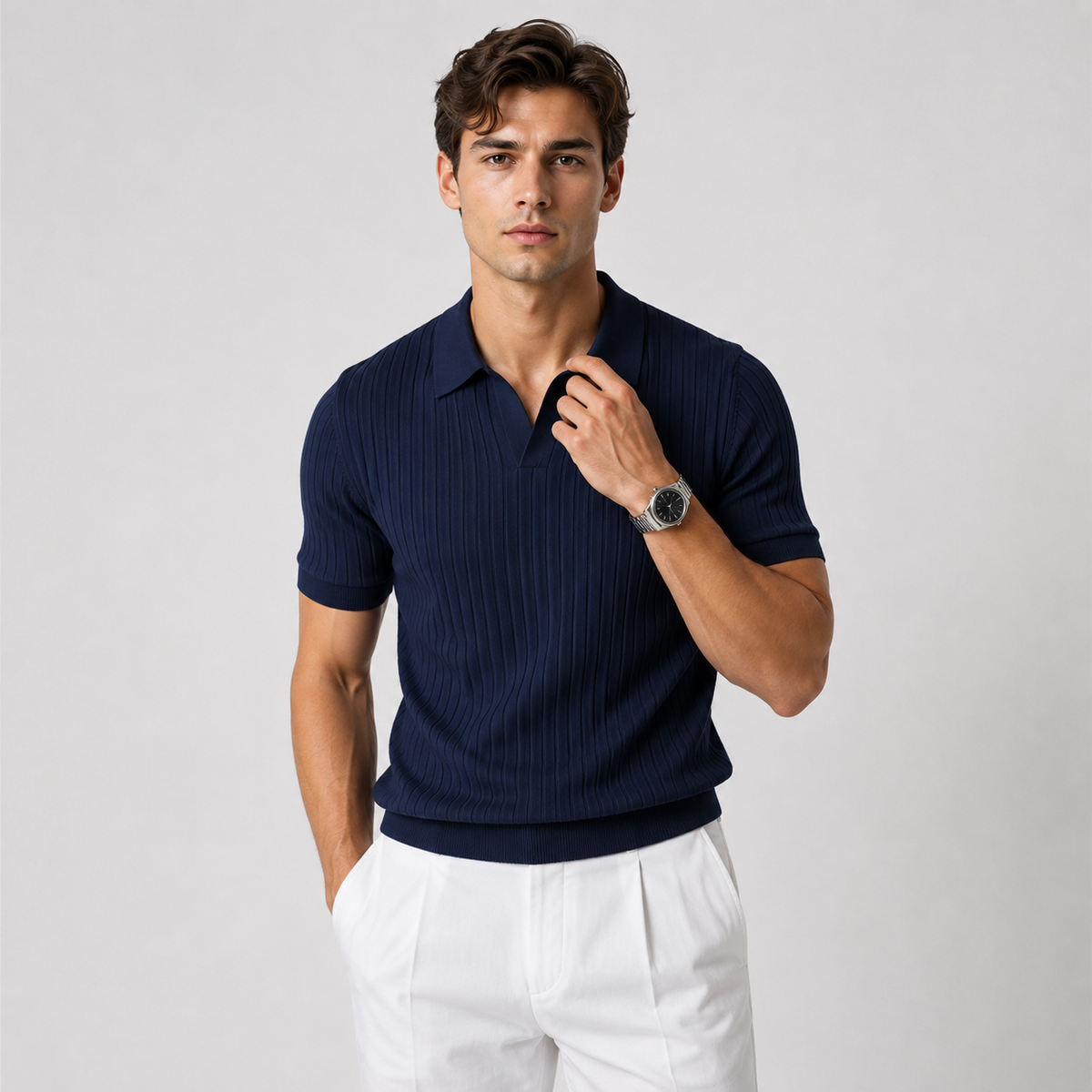 Men's knitted polo shirt – The Callum by Huna – product view 10