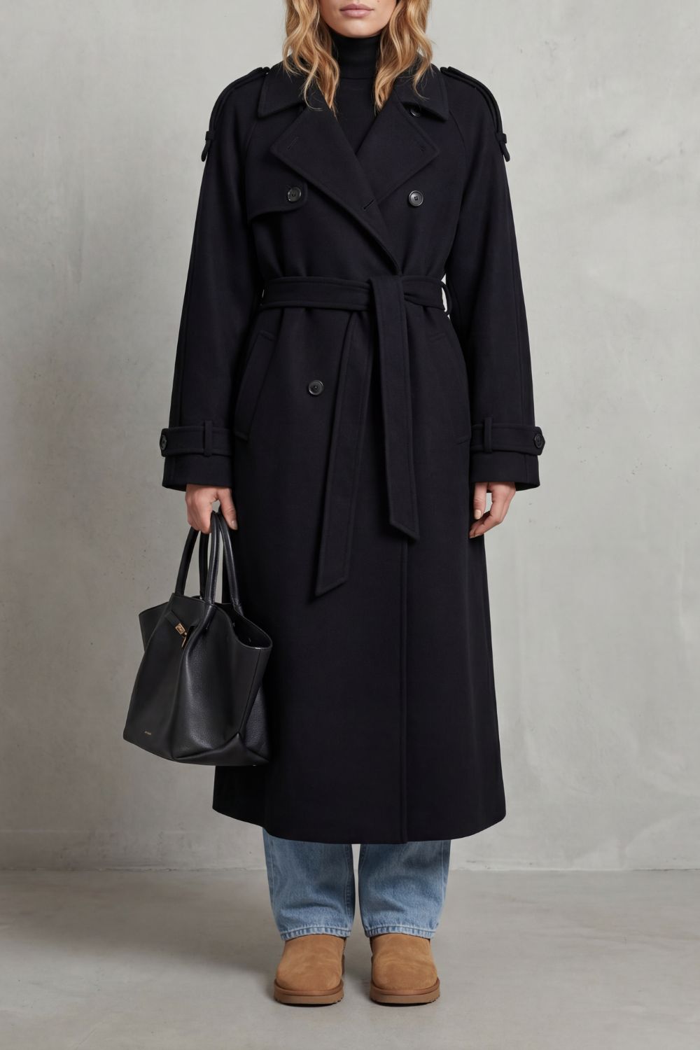 Women's black trench coat – The Liorenne by Huna – view 1