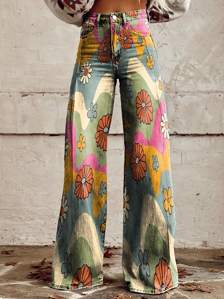 Women's Printed Trousers UK – Retro High Waist Flare | The Cassandra | Huna