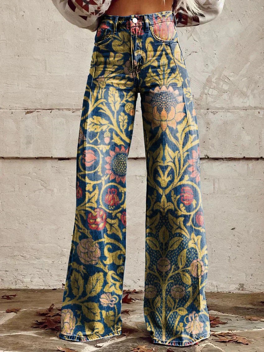 Women's Printed Trousers UK – Retro High Waist Flare | The Cassandra | Huna