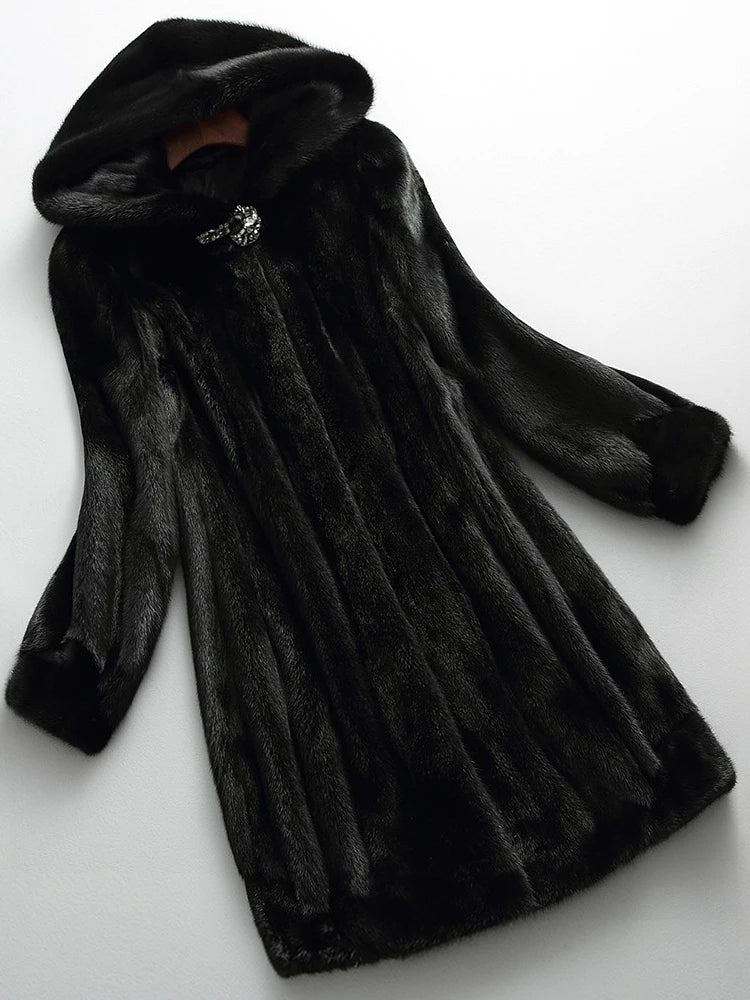 Women's Hooded Faux Fur Coat UK – longline hood, view 1