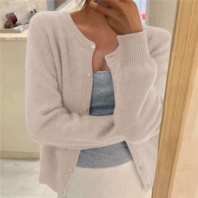 Women's Soft Knit Cardigan UK – Button Front Round Neckline | The Thea | Huna