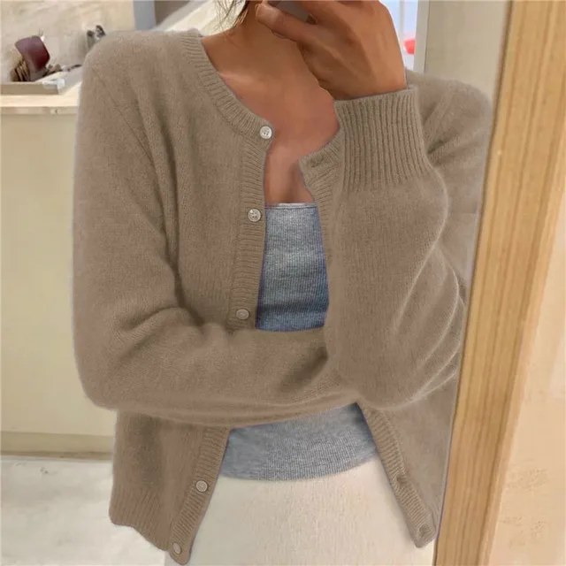 Women's Soft Knit Cardigan UK – Button Front Round Neckline | The Thea | Huna