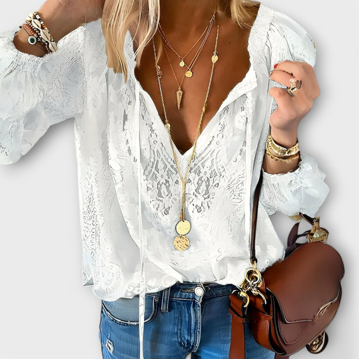 Women's Long Sleeve Lace Blouse – v-neck occasion top – product view 1