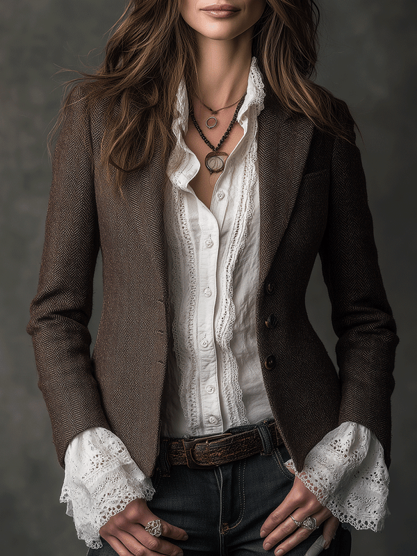Women's Tweed Blazer UK – Vintage Brown Notched Lapel | The Harriet | Huna