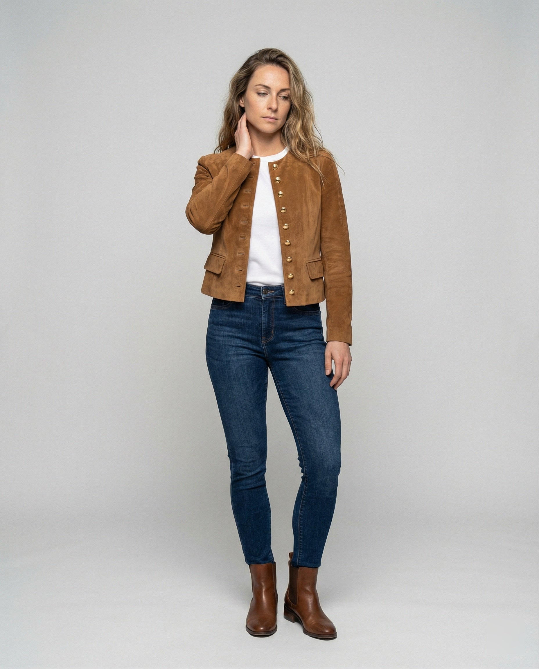 Women's Tan Suede Jacket UK – Gold Buttons Collarless | The Marchesa | Huna