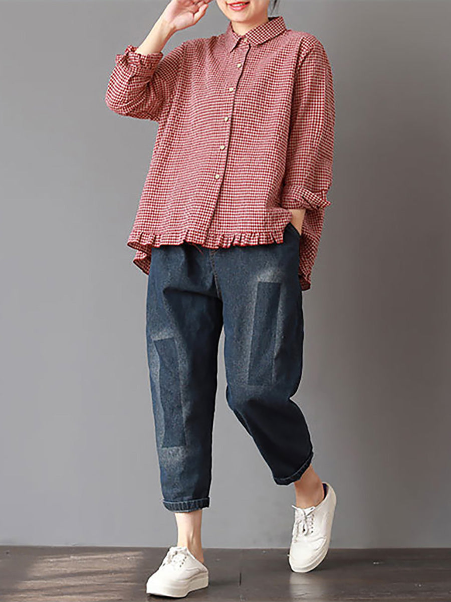 Women's Plus Size Linen Cotton Shirt – striped relaxed top, view 10 | The Rhoswen | Huna