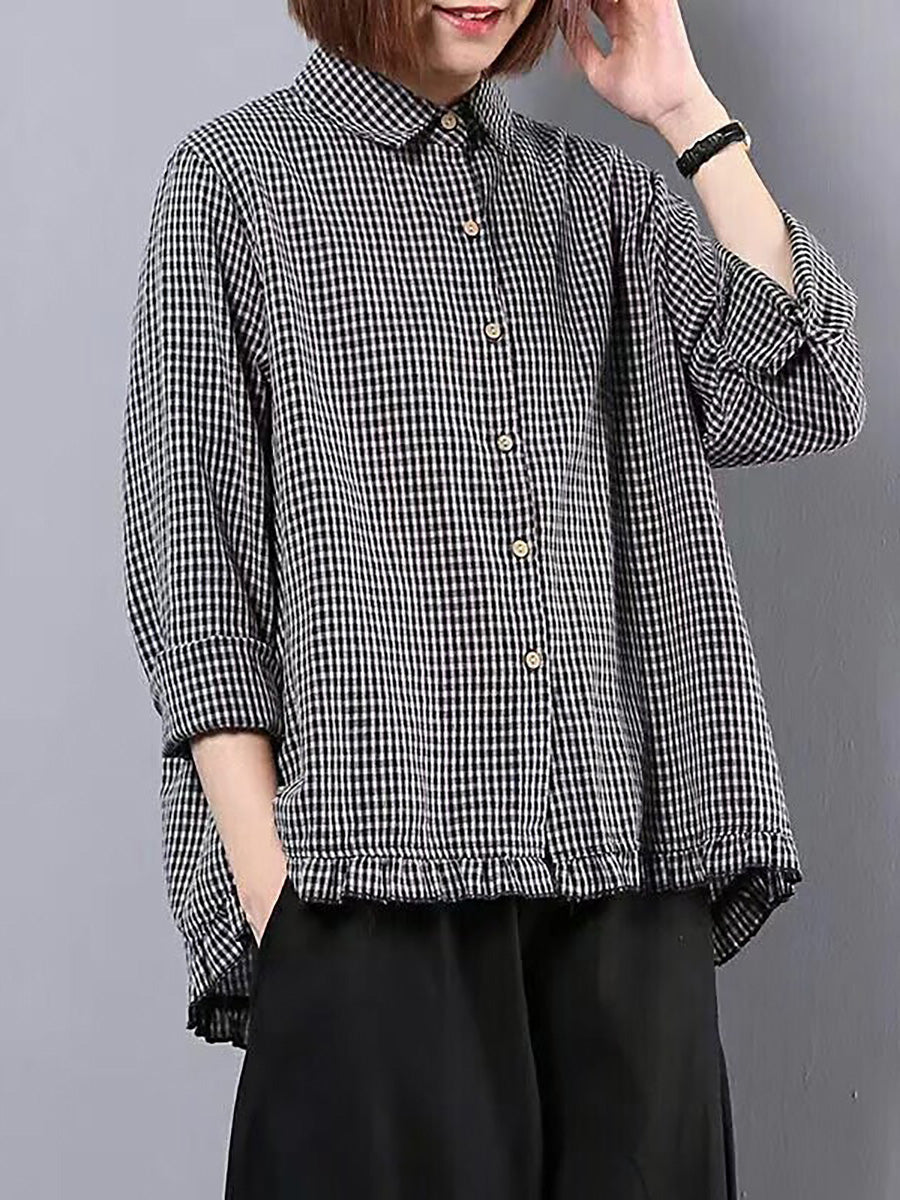 Women's Plus Size Linen Cotton Shirt – striped relaxed top, view 2 | The Rhoswen | Huna