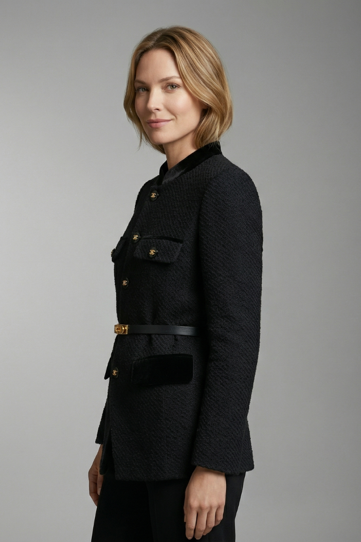 Women’s Tailored Blazer with Belted Waist and Stylish Button Closure