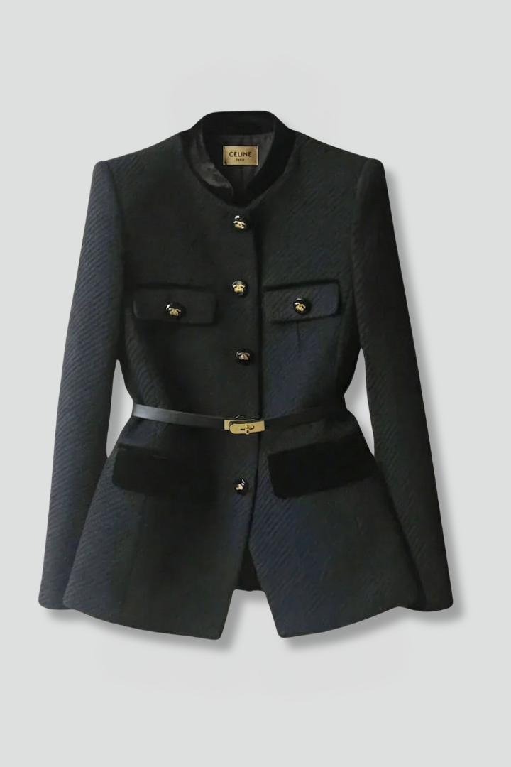 Women’s Tailored Blazer with Belted Waist and Stylish Button Closure