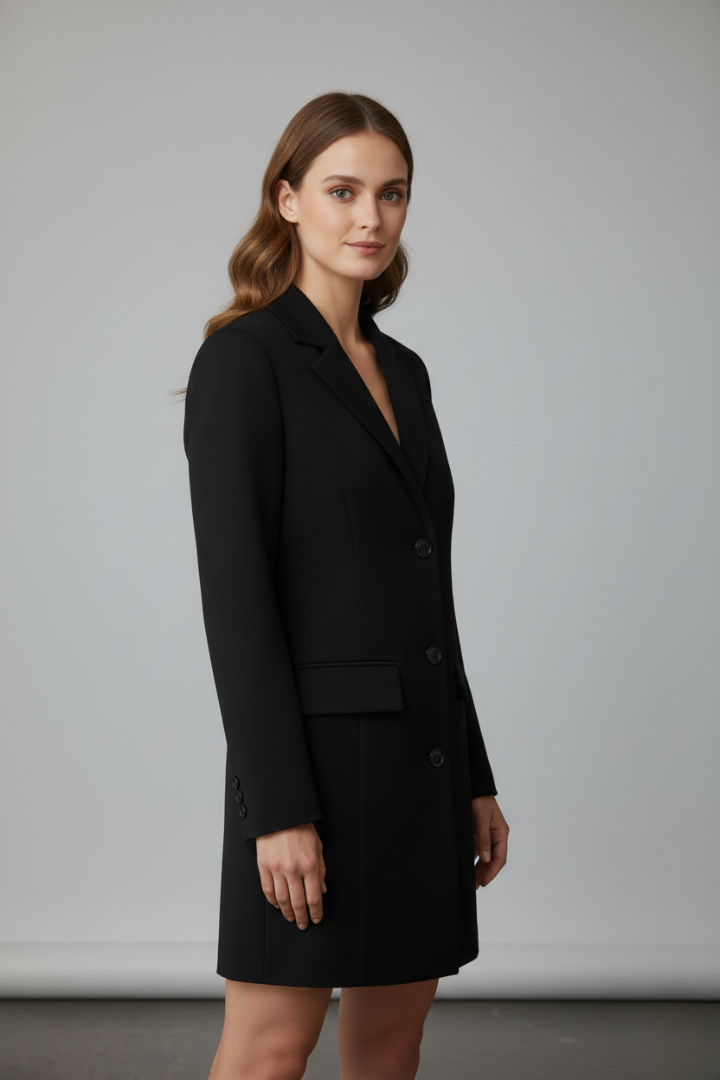 Women’s Elegant Longline Blazer with Notched Lapel & Button Front Closure