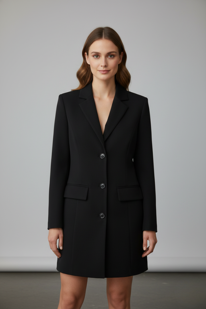 Women’s Elegant Longline Blazer with Notched Lapel & Button Front Closure