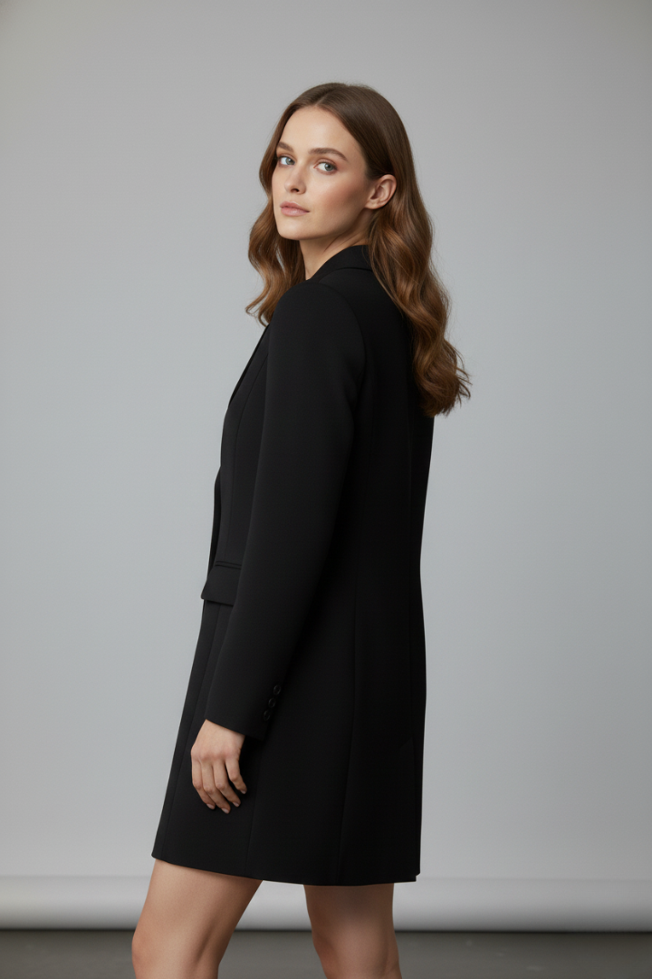 Women’s Elegant Longline Blazer with Notched Lapel & Button Front Closure