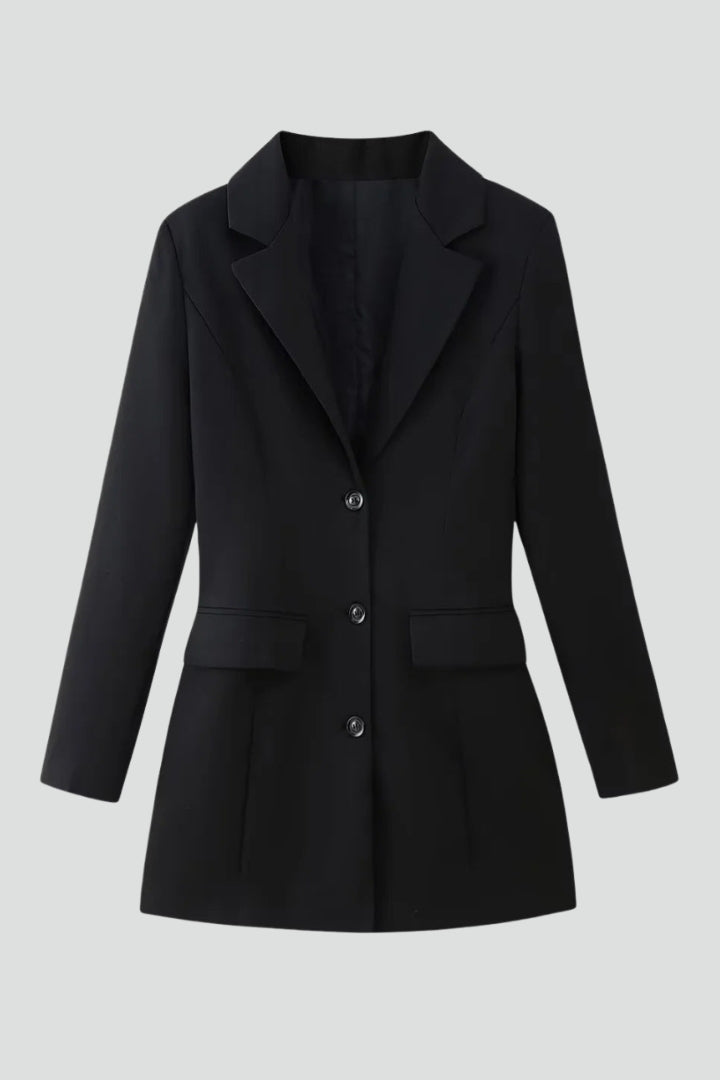Women’s Elegant Longline Blazer with Notched Lapel & Button Front Closure
