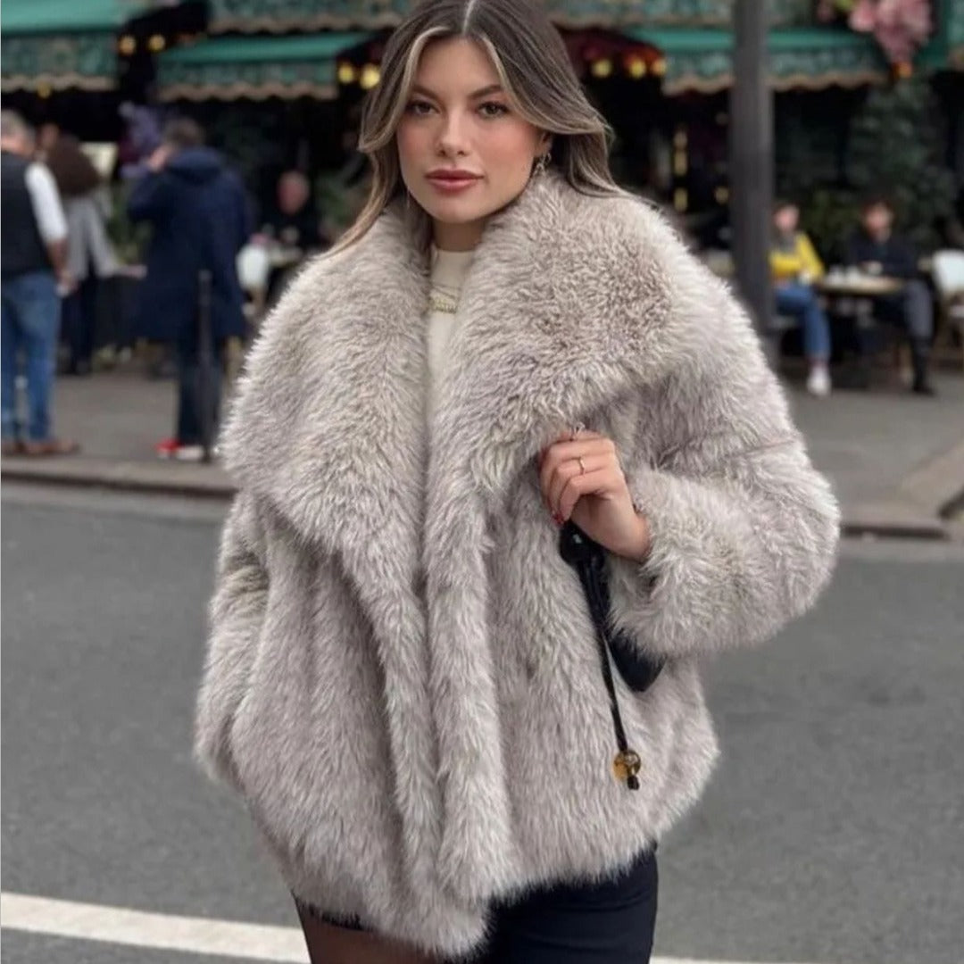 Women's Faux Fur Coat UK – shawl collar open front, view 5