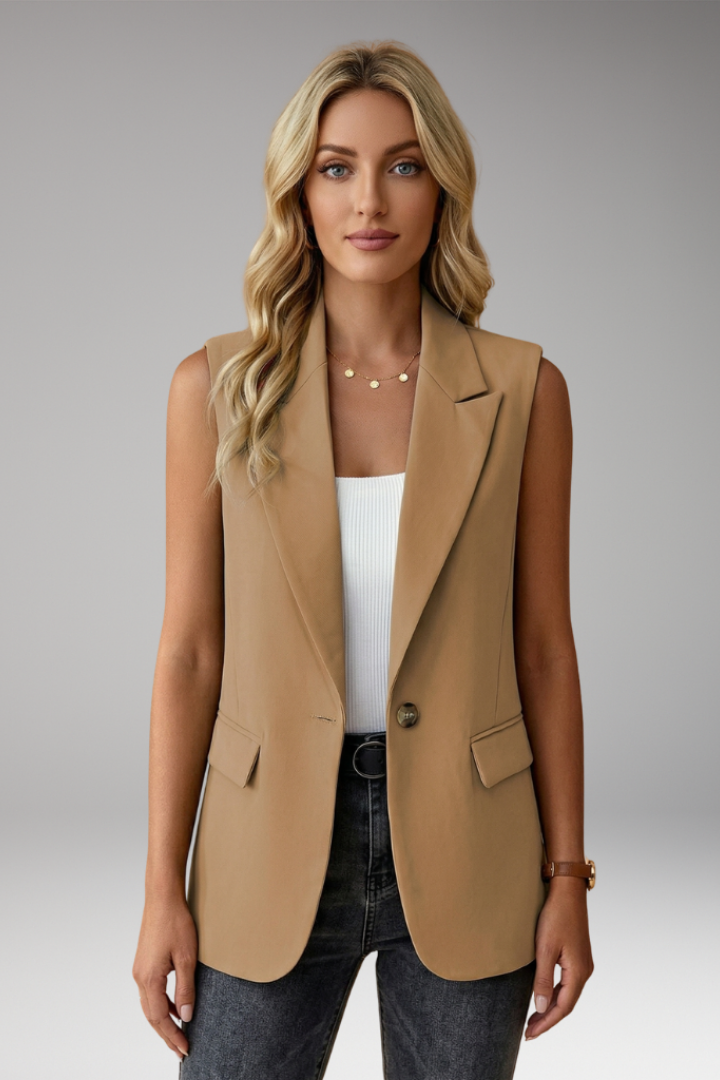 Women's Sleeveless Blazer Vest with Notch Collar and Functional Pockets