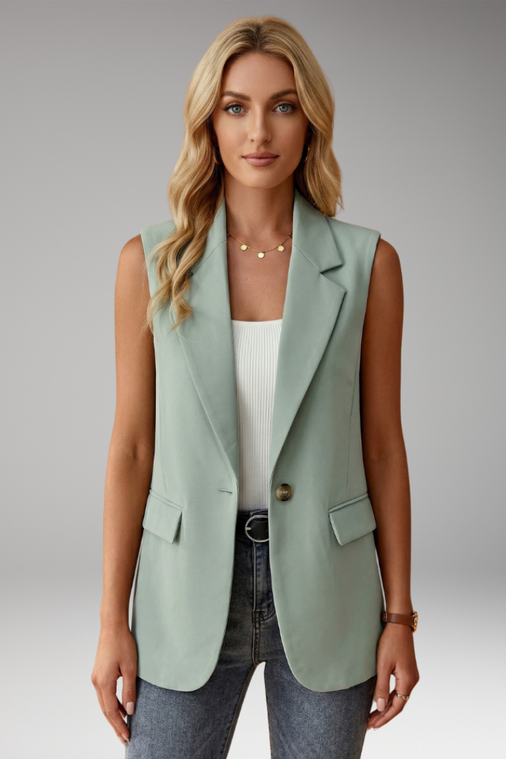 Women's Sleeveless Blazer Vest with Notch Collar and Functional Pockets
