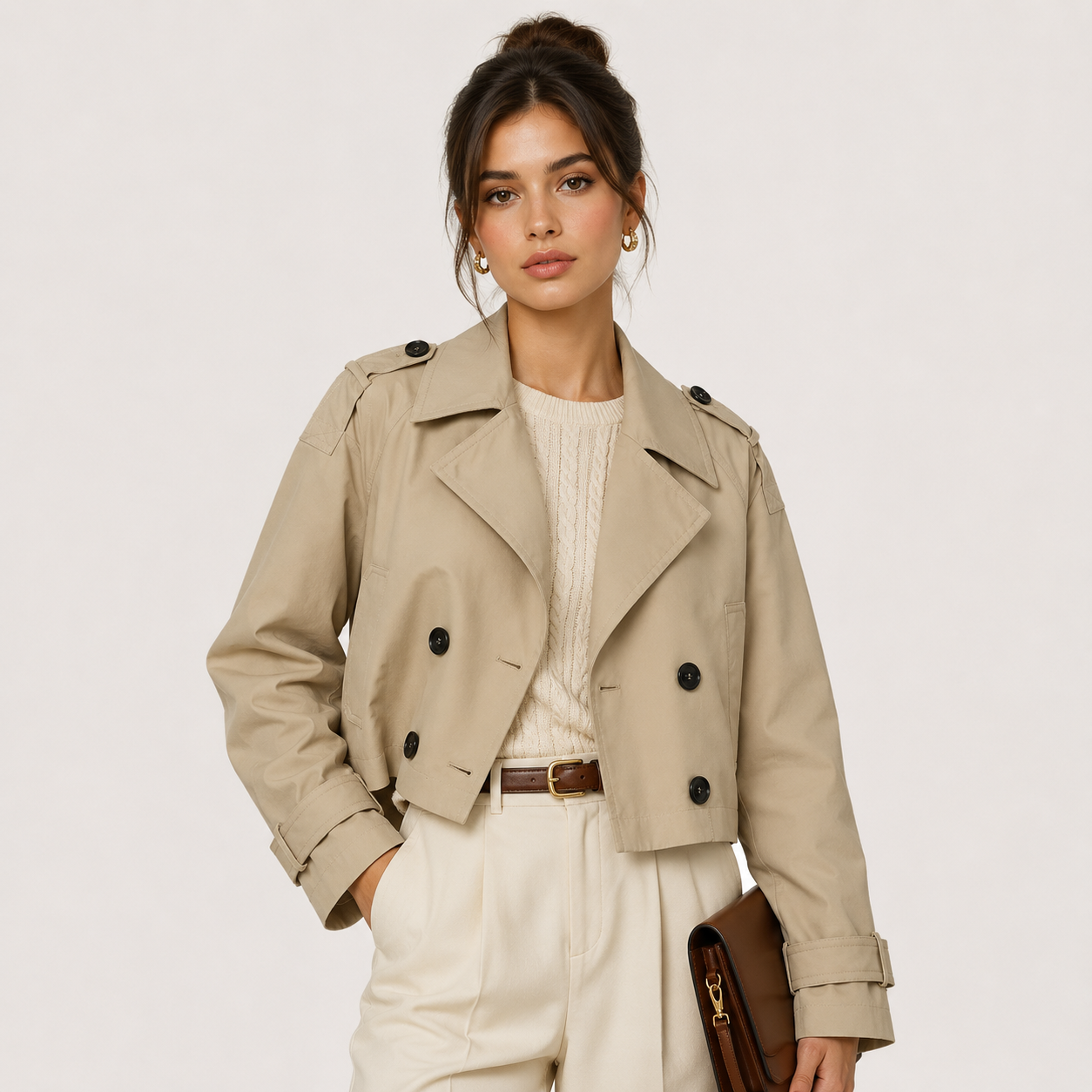 Women's Cropped Trench Jacket Double Breasted Classic Outerwear 0