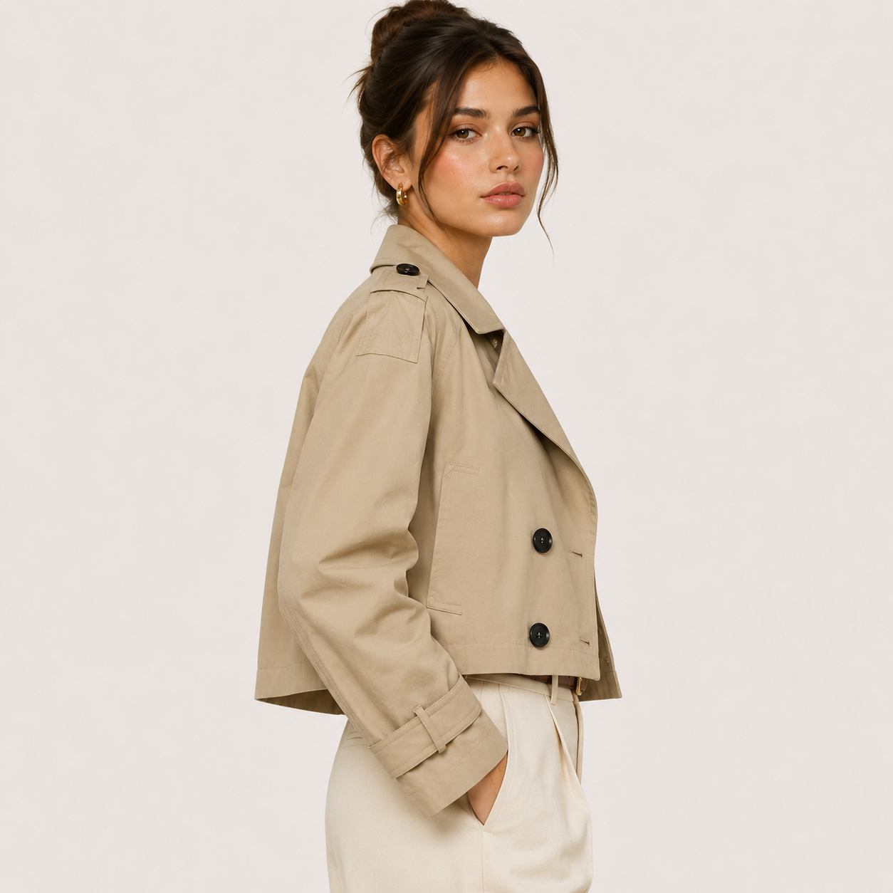 Women's Cropped Trench Jacket Double Breasted Classic Outerwear 1