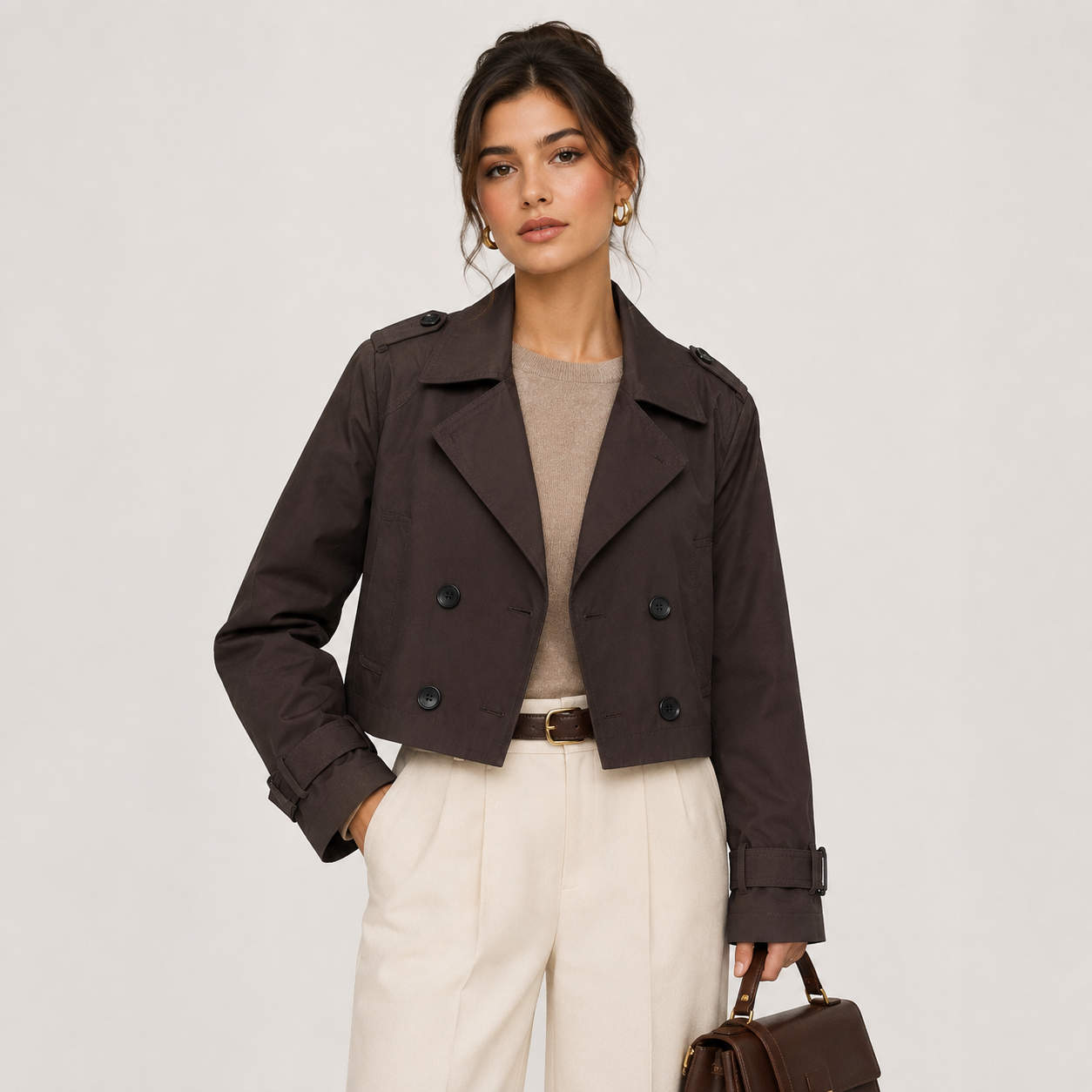 Women's Cropped Trench Jacket Double Breasted Classic Outerwear 4