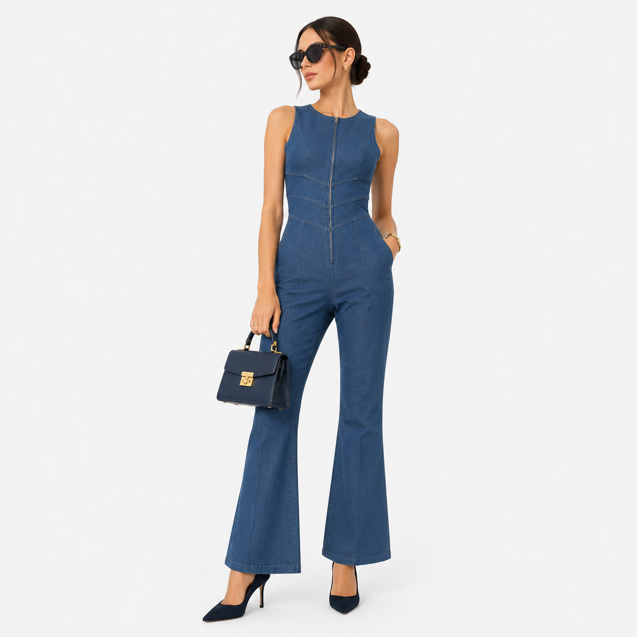 Women's Denim Jumpsuit Zip Front Flared Wide Leg One Piece 0