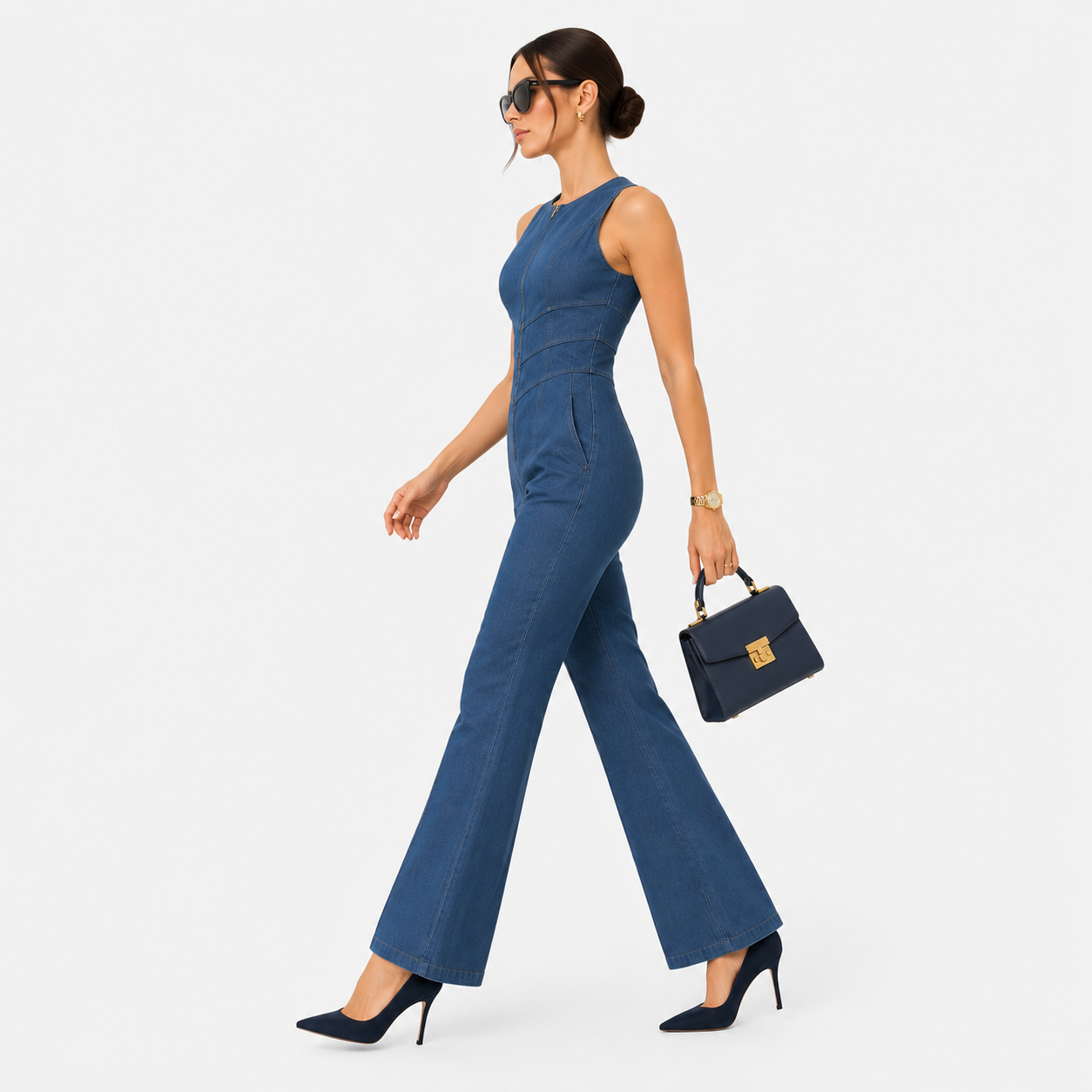 Women's Denim Jumpsuit Zip Front Flared Wide Leg One Piece 1