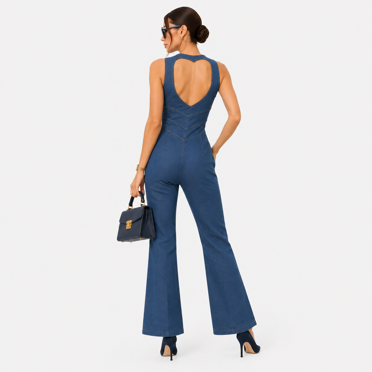 Women's Denim Jumpsuit Zip Front Flared Wide Leg One Piece 3