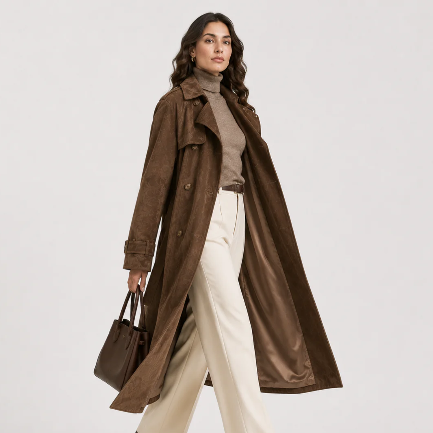 Women's Double Breasted Suede Coat Timeless Belted Outerwear 1