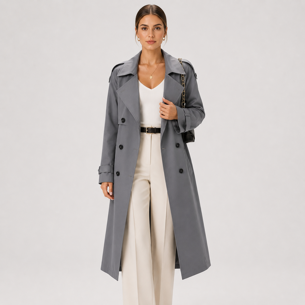 Women's Long Trench Coat Double Breasted Belted Classic Outerwear 0