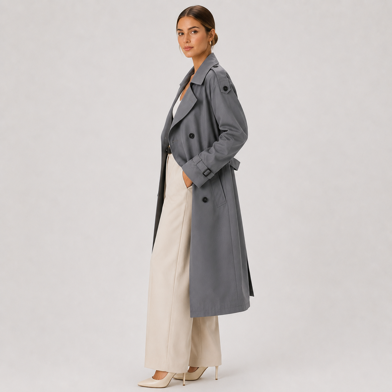 Women's Long Trench Coat Double Breasted Belted Classic Outerwear 1