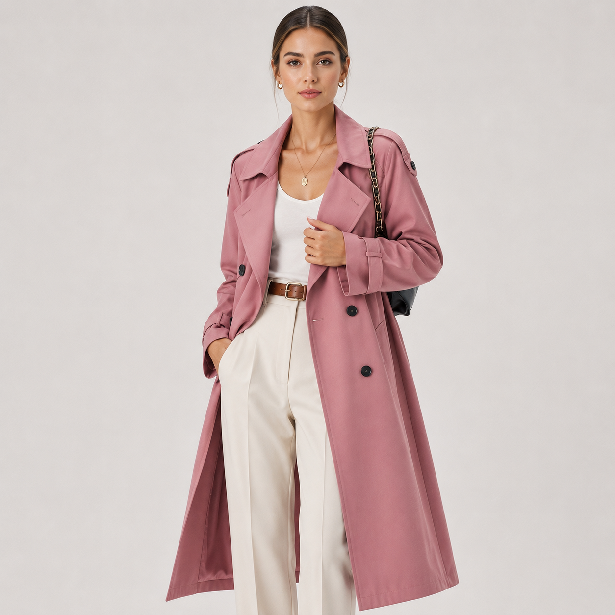 Women's Long Trench Coat Double Breasted Belted Classic Outerwear 5
