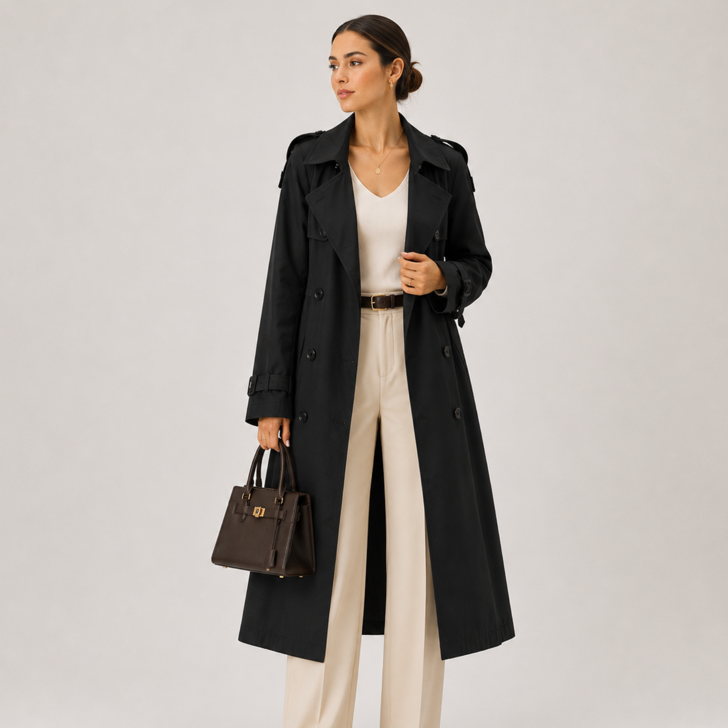 Women's Long Trench Coat Double Breasted Belted Classic Outerwear 8