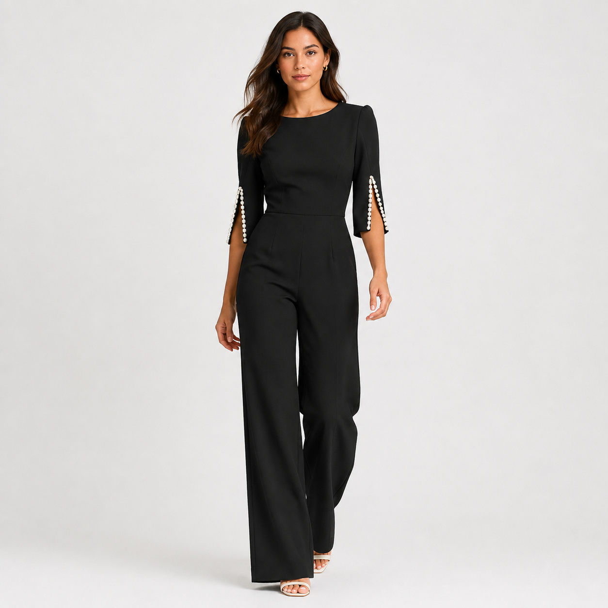 Women's Pearl Detail Jumpsuit Elegant Wide Leg One Piece Outfit 0
