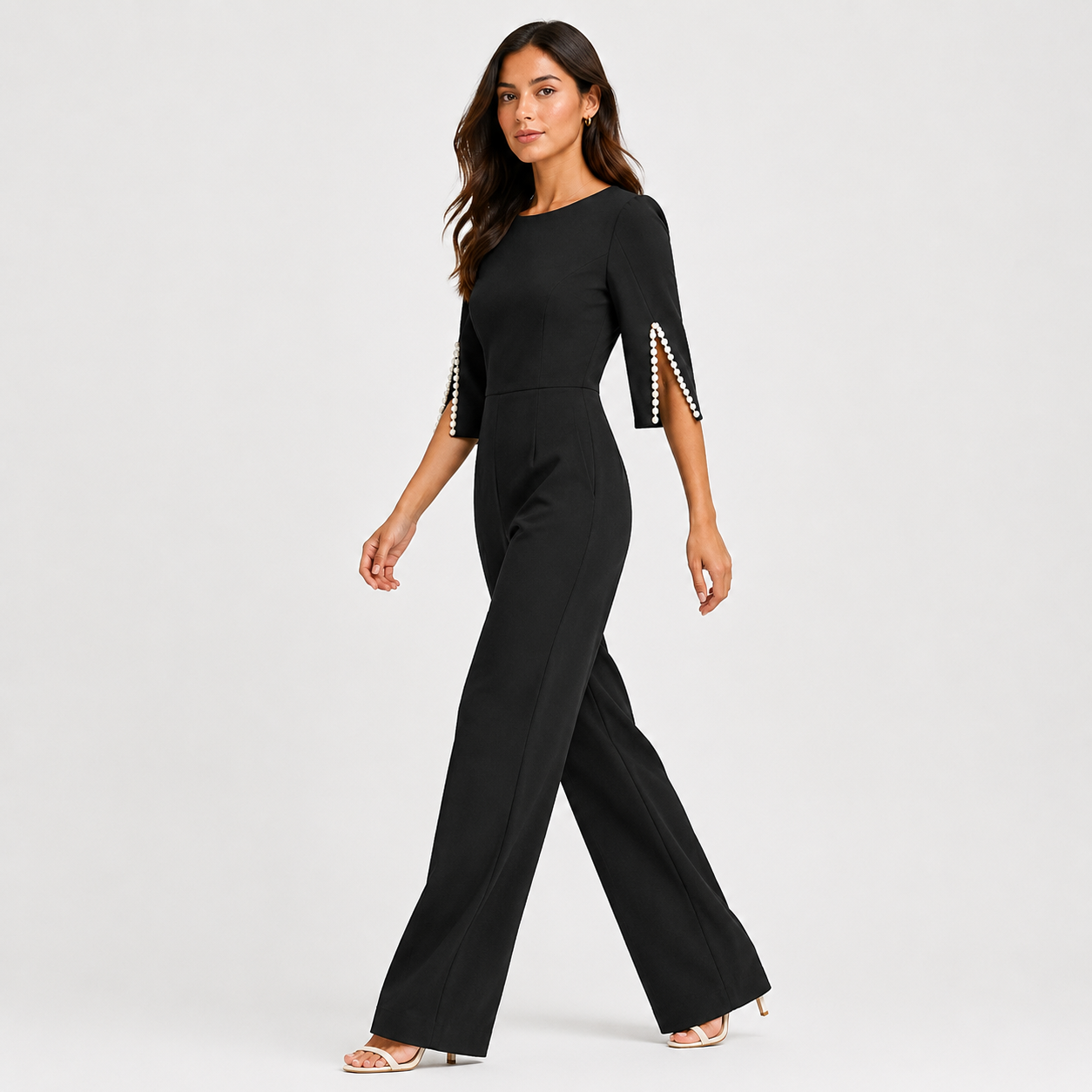 Women's Pearl Detail Jumpsuit Elegant Wide Leg One Piece Outfit 1