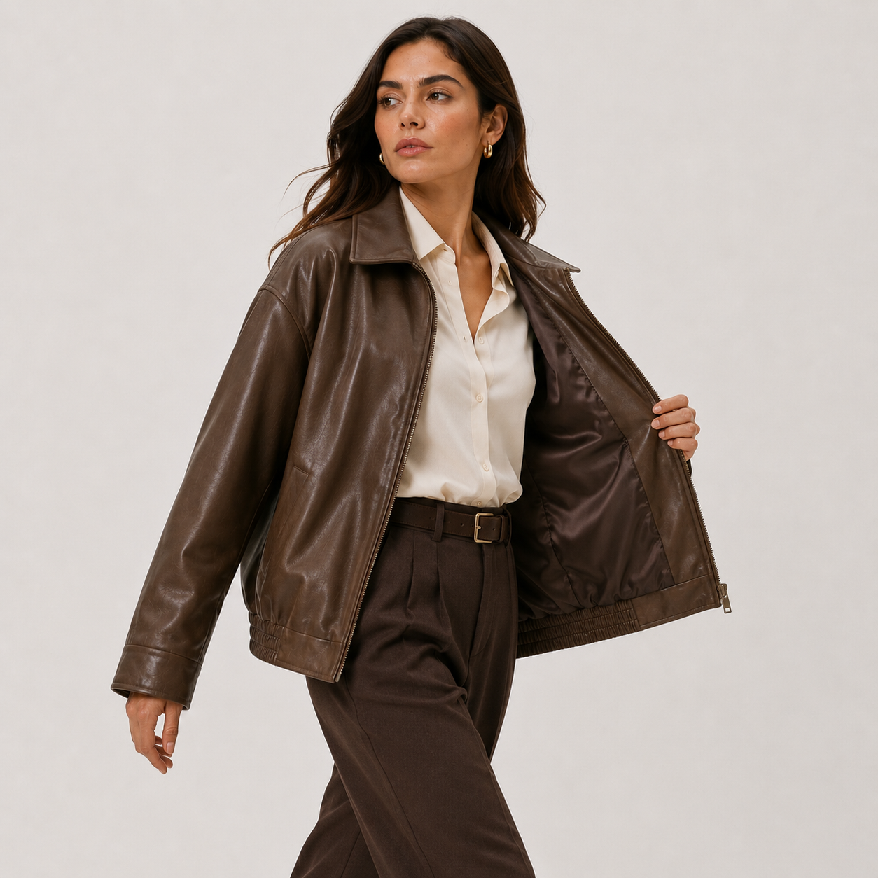 Women's Relaxed Fit Leather Look Jacket with Classic Collar 1