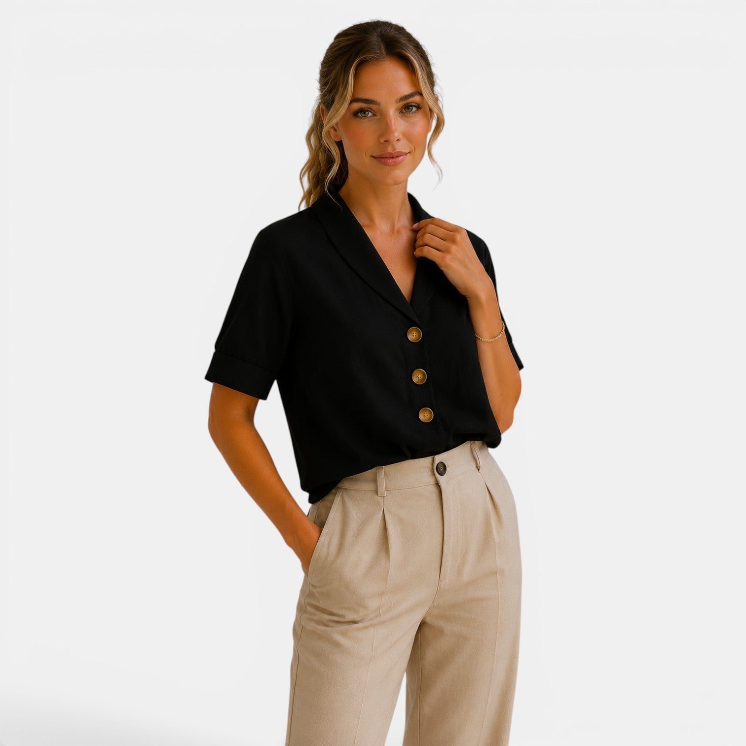 Women's Short Sleeve Blouse Relaxed Fit Button Front T-shirt 2