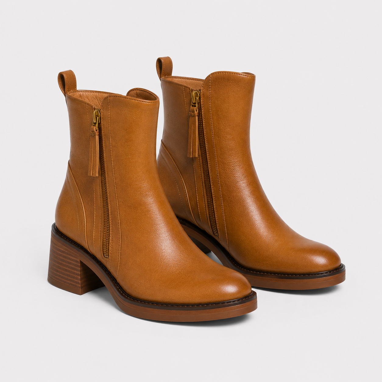 Women's Side Zip Leather Look Ankle Boots Classic Mid Heel Booties 0